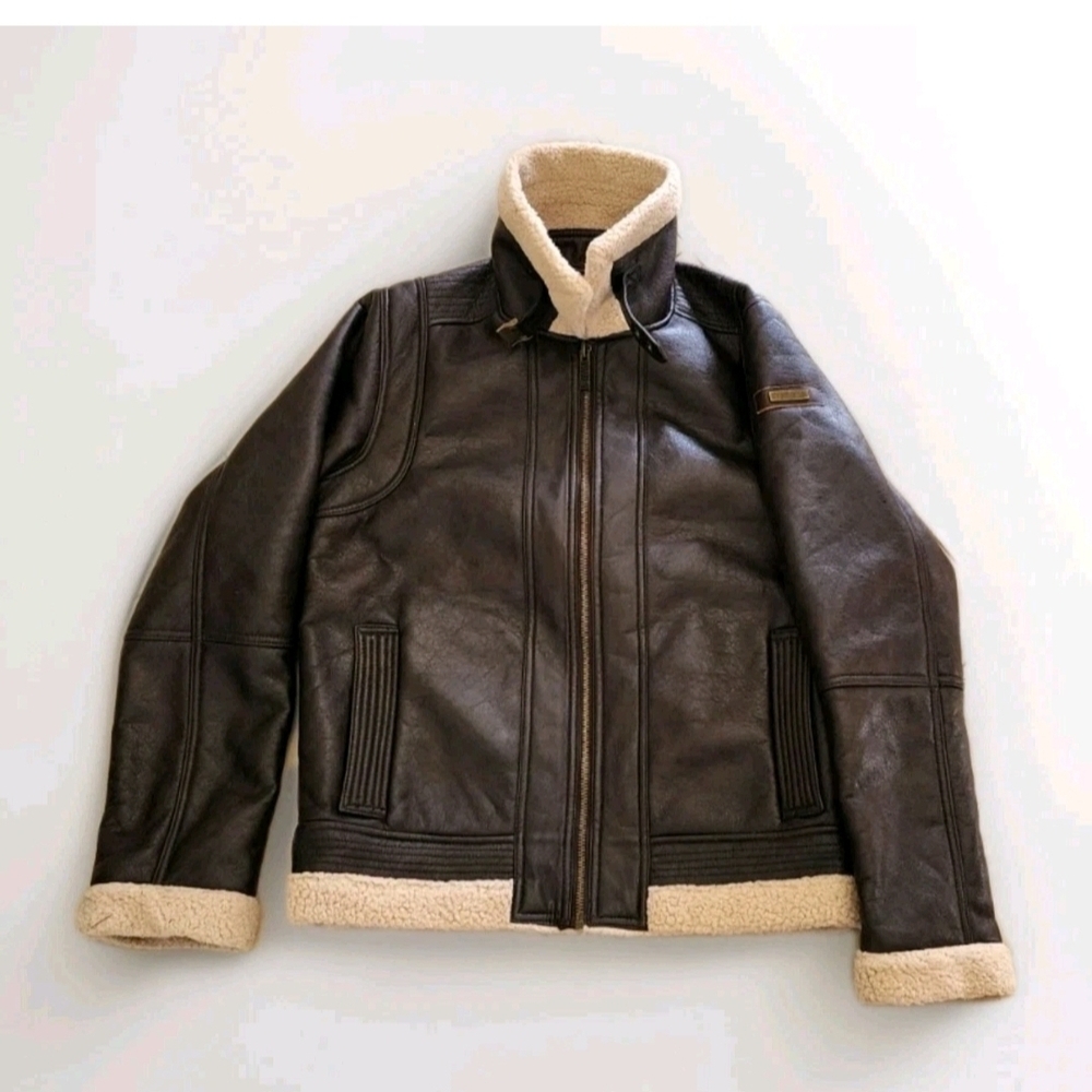 Sean John Dark Brown Leather Bomber Jacket with Shearling Trim
